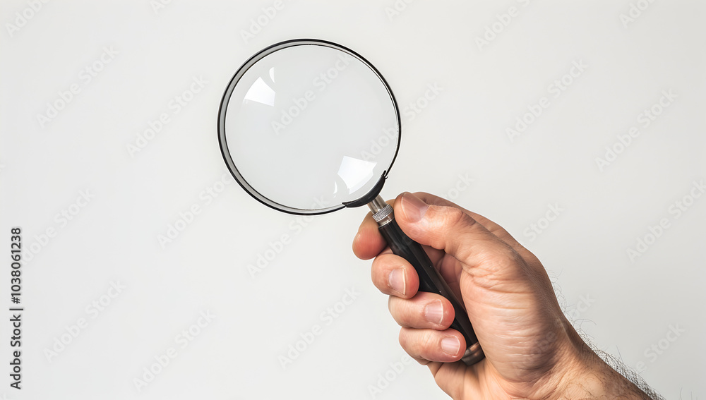 Hand holding a magnifying glass, isolated on a white background, closeup view Hand holding a magnifying glass, isolated on a white background, closeup view