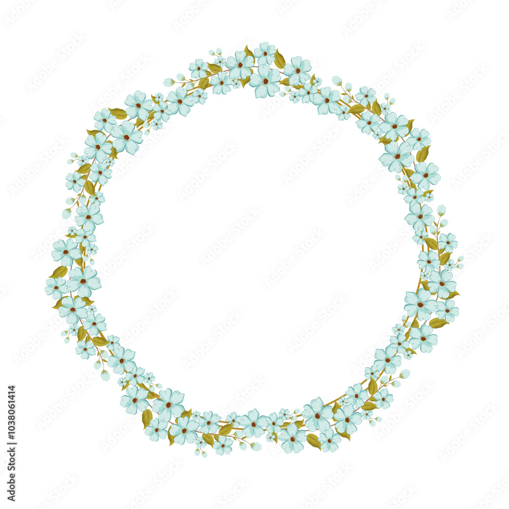 Elegant Floral Wreath with Light Blue Flowers and Green Leaves on White Background Elegant Floral Wreath with Light Blue Flowers and Green Leaves on White Background