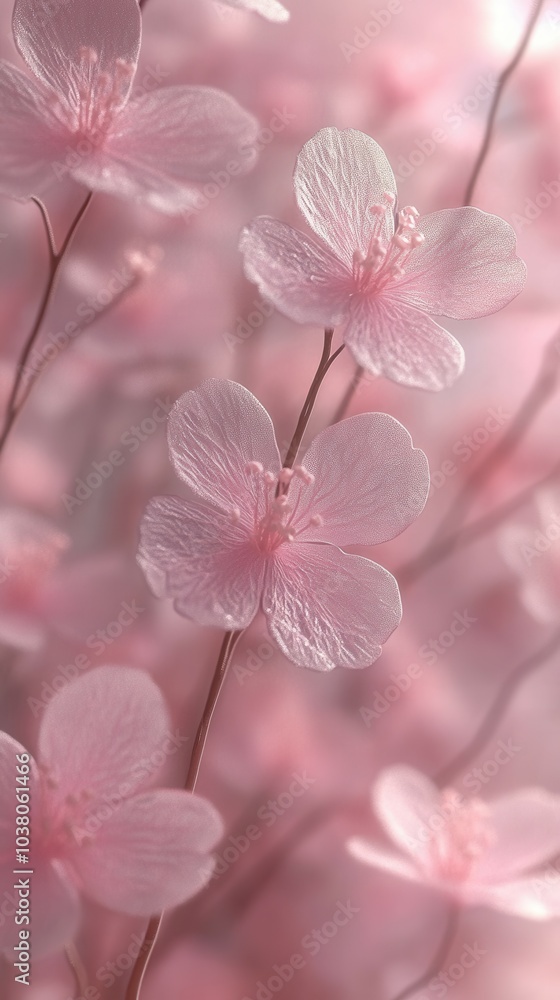 Clusters of delicate pink cherry blossoms bloom softly in a tranquil garden. The petals gently catch the light, creating a serene atmosphere filled with the essence of spring and the beauty of nature’ Clusters of delicate pink cherry blossoms bloom softly in a tranquil garden. The petals gently catch the light, creating a serene atmosphere filled with the essence of spring and the beauty of nature’