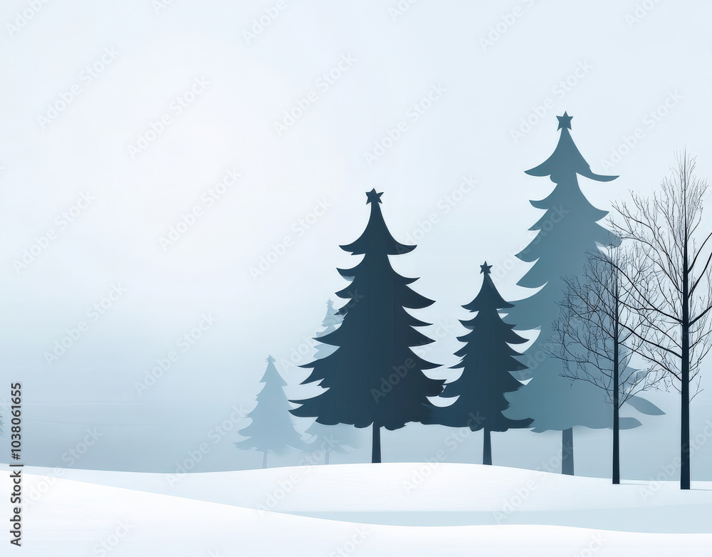 Obraz premium serene winter landscape featuring tall evergreen trees and light snowfall. scene evokes peaceful, tranquil atmosphere, perfect for holiday season