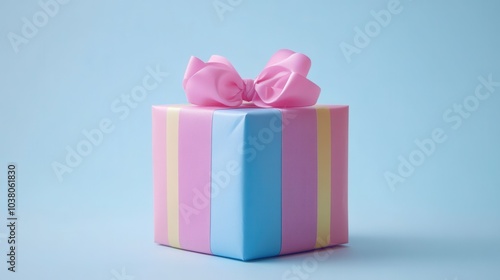 This delightful gift box features a pink bow and colorful stripes, elegantly positioned against a soft light blue background. It’s perfect for birthdays, celebrations, or special moments waiting to be