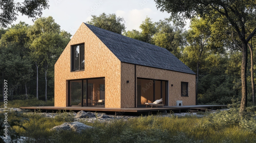 A modern house built from SIP panels with OSB exterior walls, featuring a simple two-pitched roof. A modern house built from SIP panels with OSB exterior walls, featuring a simple two-pitched roof.