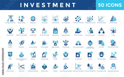Investment icon set with stockbroker, trader, investor, speculator, venture capital, private equity, angel investing, crowdfunding, peer to peer lending icon. Simple flat vector 
