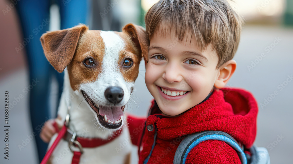 young child smiling joyfully while holding leash of friendly dog, showcasing heartwarming bond between them. scene captures happiness and companionship young child smiling joyfully while holding leash of friendly dog, showcasing heartwarming bond between them. scene captures happiness and companionship