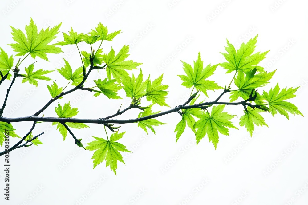 Elegant branch with young green maple leaves isolated on a white background. Elegant branch with young green maple leaves isolated on a white background.