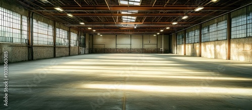 Empty Industrial Warehouse with Natural Light Streaming Through Windows