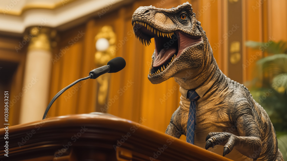 Naklejka premium Dinosaur politician giving speech at podium, showcasing humorous scene