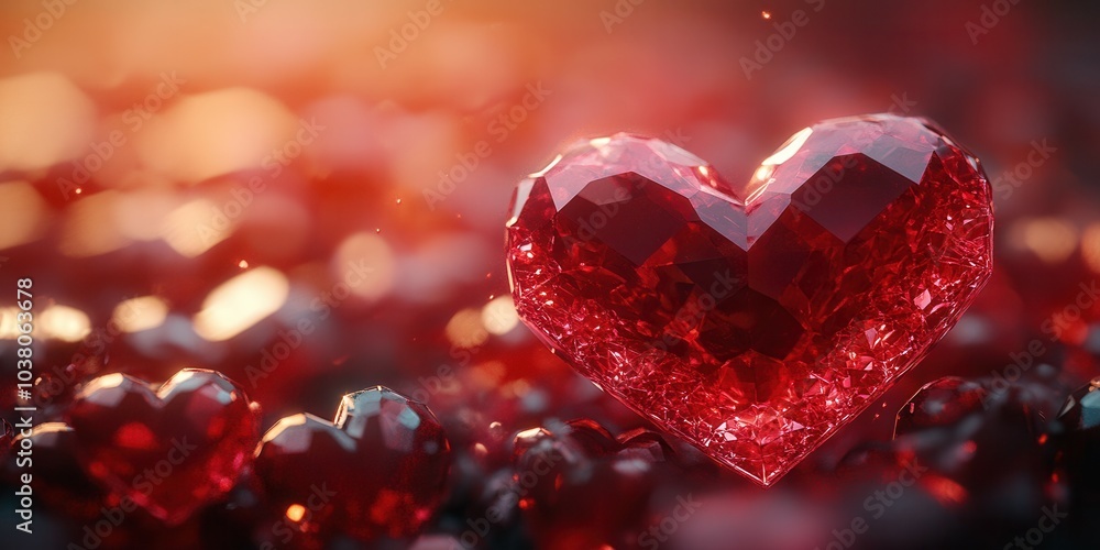 Red crystal hearts sparkle vividly in a soft glow, surrounded by smaller gem-like shapes. The warm lighting creates a romantic and enchanting atmosphere, perfect for celebrating love and special occas Red crystal hearts sparkle vividly in a soft glow, surrounded by smaller gem-like shapes. The warm lighting creates a romantic and enchanting atmosphere, perfect for celebrating love and special occas