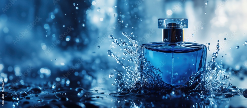Blue perfume bottle splashing in water, vibrant blue tones, elegant design Blue perfume bottle splashing in water, vibrant blue tones, elegant design