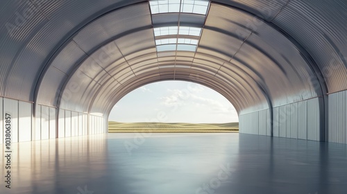 Hangar Dreams  A spacious  modern hangar with an open bay  inviting the sky and a grassy field into its interior. The sleek.