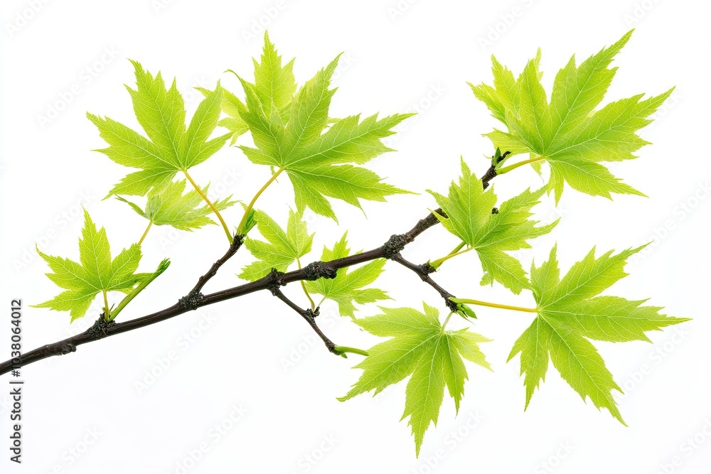 Elegant branch with young green maple leaves isolated on a white background. 