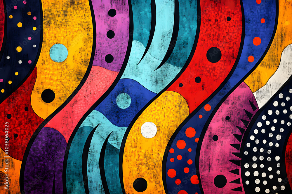 Obraz premium Colorful graffiti mural with abstract shapes, stars, and geometric patterns on a brick wall, showcasing vibrant urban street art. 