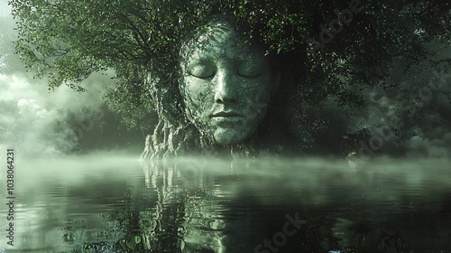 Exploring the enigmatic deity of mist a surreal reflection in nature's embrace beneath a veil of fog photo