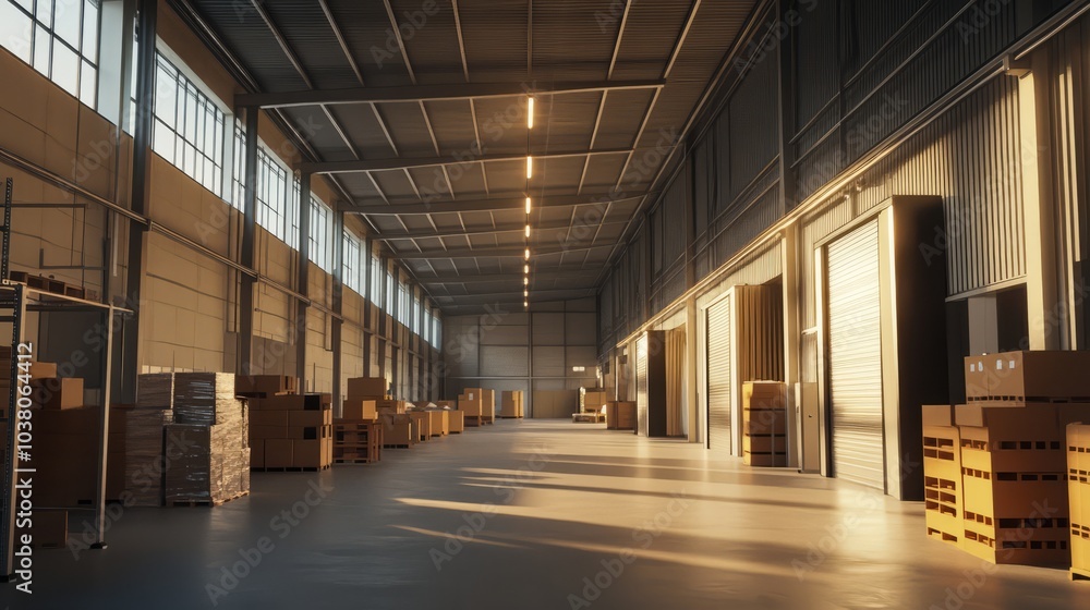 Warehouse Interior: Sunlight streams through the expansive windows of a modern warehouse, illuminating rows of stacked cardboard boxes and creating a sense of organized efficiency. Warehouse Interior: Sunlight streams through the expansive windows of a modern warehouse, illuminating rows of stacked cardboard boxes and creating a sense of organized efficiency.