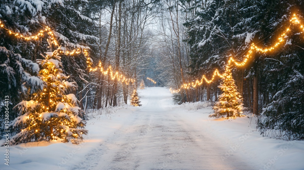 Snowy Winter Forest Road Adorned with Christmas Trees and Glowing Garland Lights, Creating a Magical Holiday Backdrop for Festive Celebrations Snowy Winter Forest Road Adorned with Christmas Trees and Glowing Garland Lights, Creating a Magical Holiday Backdrop for Festive Celebrations