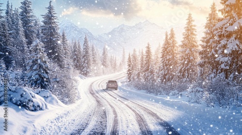 Winter Wonderland Scene Featuring a Snow-Covered Mountain Road, SUV with Snow Tires Skillfully Navigating the Icy Path Amongst Evergreens Burdened with Fresh Snow