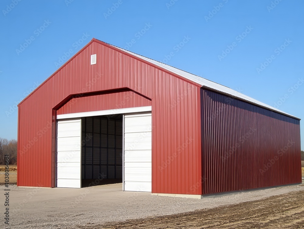 Red Barn Storage Building: A spacious, red metal barn with large white doors stands proudly against a clear blue sky. Ideal for storing equipment, vehicles, or hay. Red Barn Storage Building: A spacious, red metal barn with large white doors stands proudly against a clear blue sky. Ideal for storing equipment, vehicles, or hay.