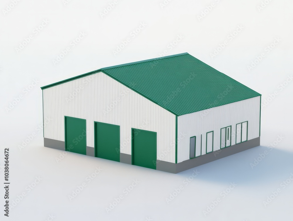 Modern Steel Warehouse with Green Roof and Doors: A sleek, modern warehouse building with a green roof and three large green doors. The building is set against a clean white background. Modern Steel Warehouse with Green Roof and Doors: A sleek, modern warehouse building with a green roof and three large green doors. The building is set against a clean white background.