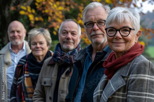 Group of senior people standing in the park and looking at the camera