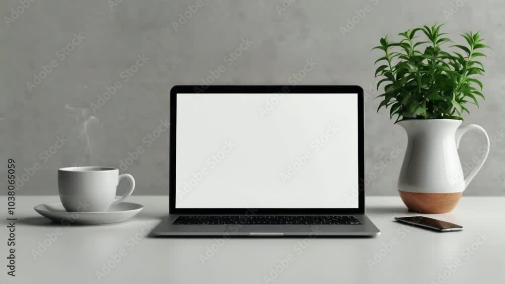 laptop, coffee mug, and a thriving houseplant. seamless looping 4k video background animation laptop, coffee mug, and a thriving houseplant. seamless looping 4k video background animation