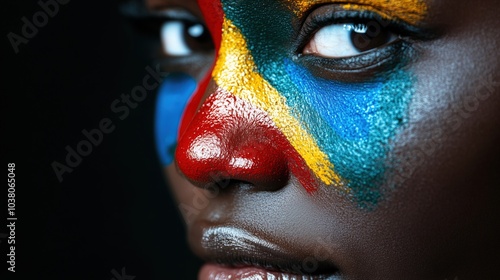 Colorful face paint on dark skin, vibrant red, blue, yellow patterns, close-up