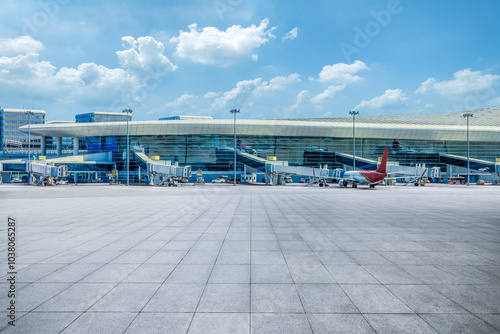 Square ground and terminal building background in airport