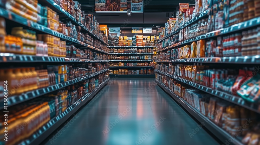Grocery store aisle filled with various packaged food products and beverages Grocery store aisle filled with various packaged food products and beverages