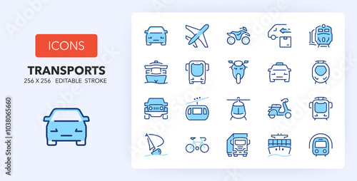 Line icons about public and private transport. Contains such icons as subway, airplane, bike and more. 256x256 Pixel Perfect editable in two colors