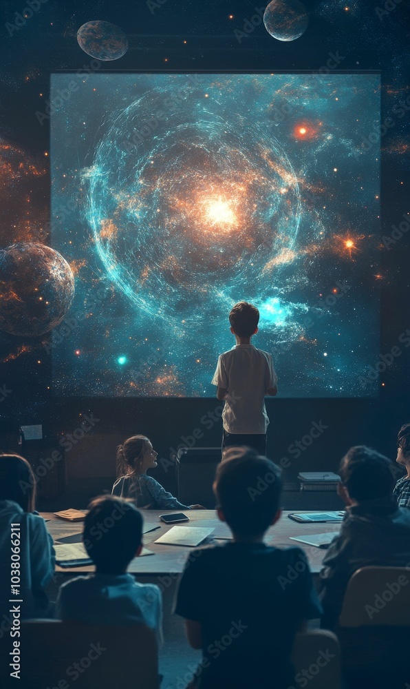 Students in a classroom watching a projected image of space. Students in a classroom watching a projected image of space.
