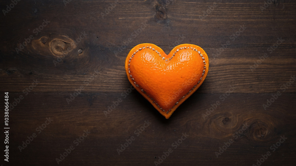 Obraz premium Heart-shaped orange on wooden surface representing love with a unique artistic style in warm tones.