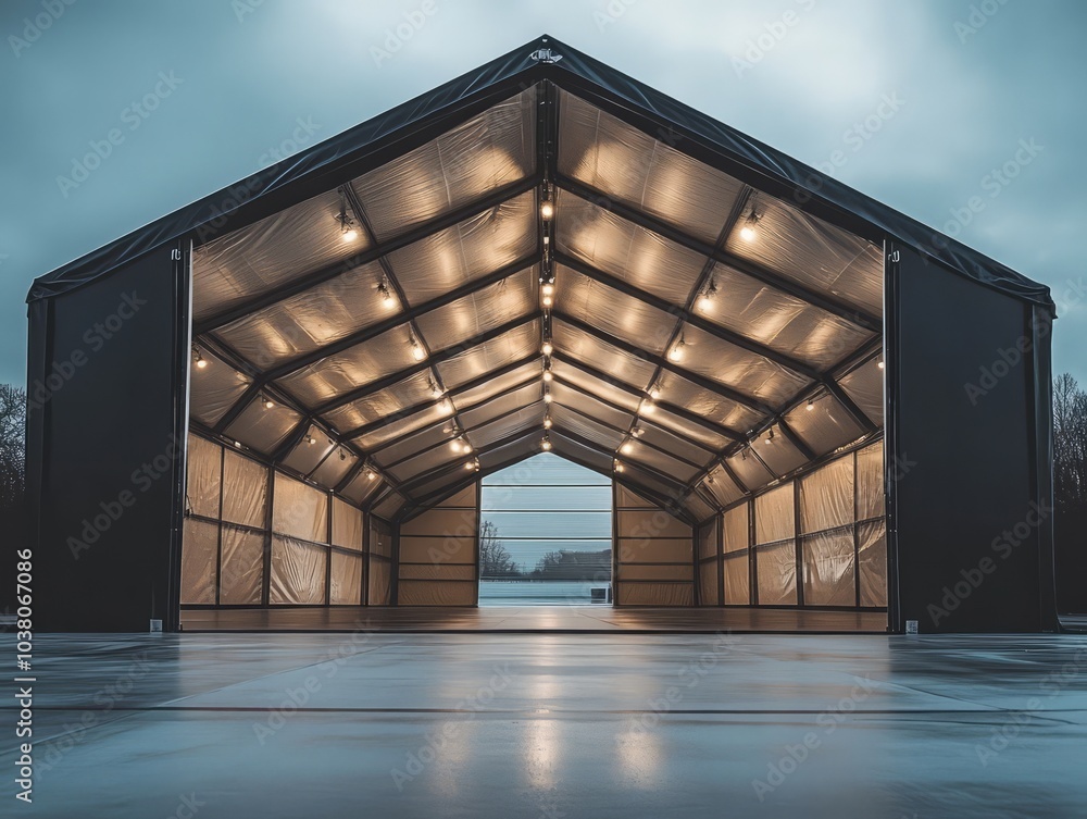Fototapeta premium Modern Aircraft Hangar at Dusk
