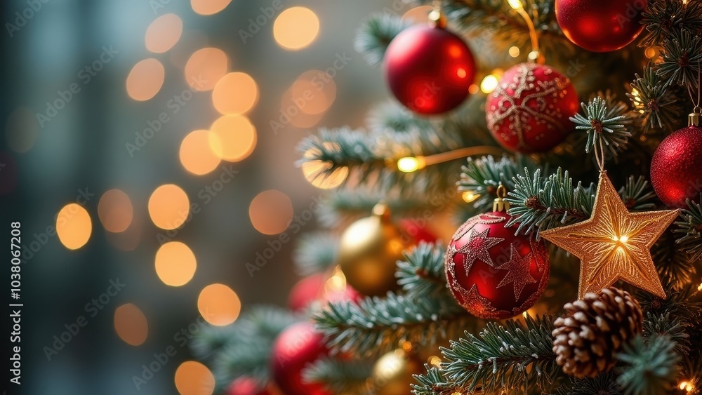 Fototapeta premium Festive Christmas Tree Decorated with Ornaments and Lights