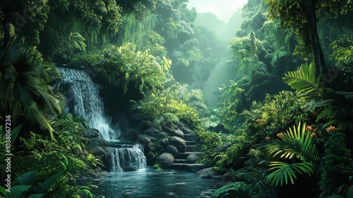 Lush tropical rainforest with waterfall, vibrant foliage, serene atmosphere