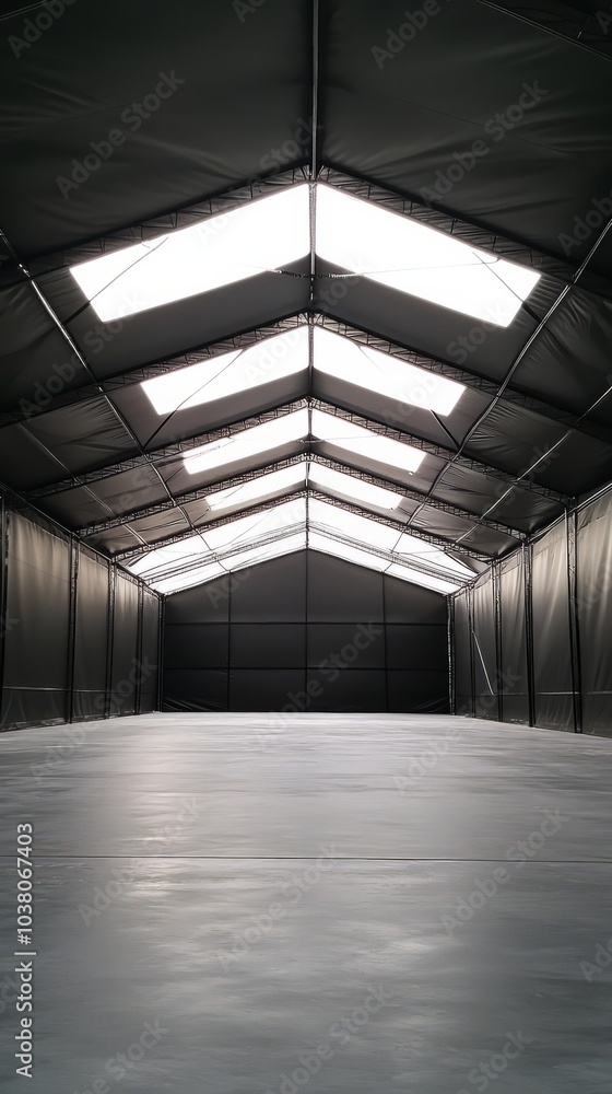 Industrial Warehouse Interior: A vast, empty warehouse space with a high, vaulted ceiling and a row of skylights. The concrete floor is polished and clean. Industrial Warehouse Interior: A vast, empty warehouse space with a high, vaulted ceiling and a row of skylights. The concrete floor is polished and clean.