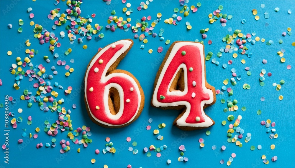 Decorated cookie, number 64, image for birthday or anniversary celebration Decorated cookie, number 64, image for birthday or anniversary celebration