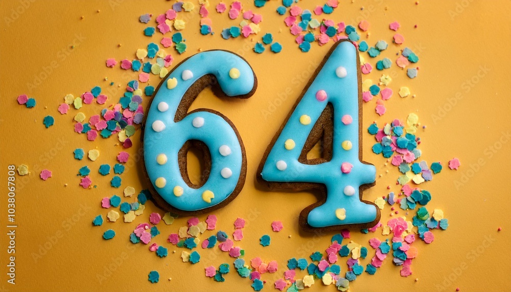 Decorated cookie, number 64, image for birthday or anniversary celebration Decorated cookie, number 64, image for birthday or anniversary celebration