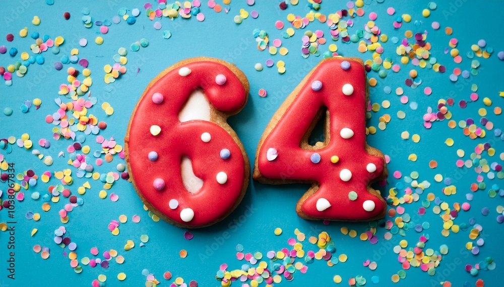 Decorated cookie, number 64, image for birthday or anniversary celebration Decorated cookie, number 64, image for birthday or anniversary celebration