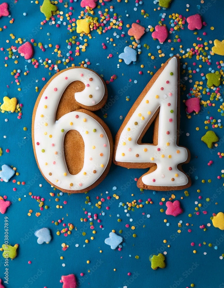 Decorated cookie, number 64, image for birthday or anniversary celebration Decorated cookie, number 64, image for birthday or anniversary celebration