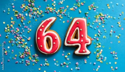 Decorated cookie, number 64, image for birthday or anniversary celebration photo