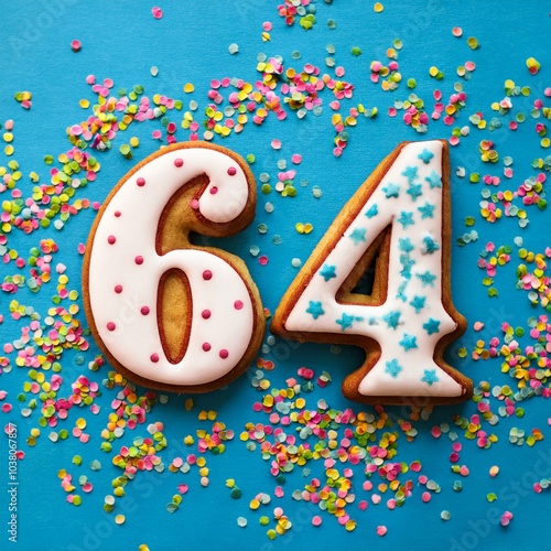 Decorated cookie, number 64, image for birthday or anniversary celebration photo