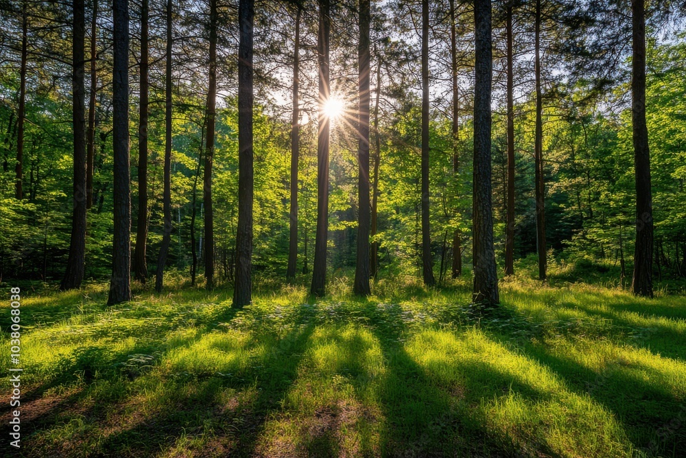 Fototapeta premium sun rays in the forest through the top of the tress