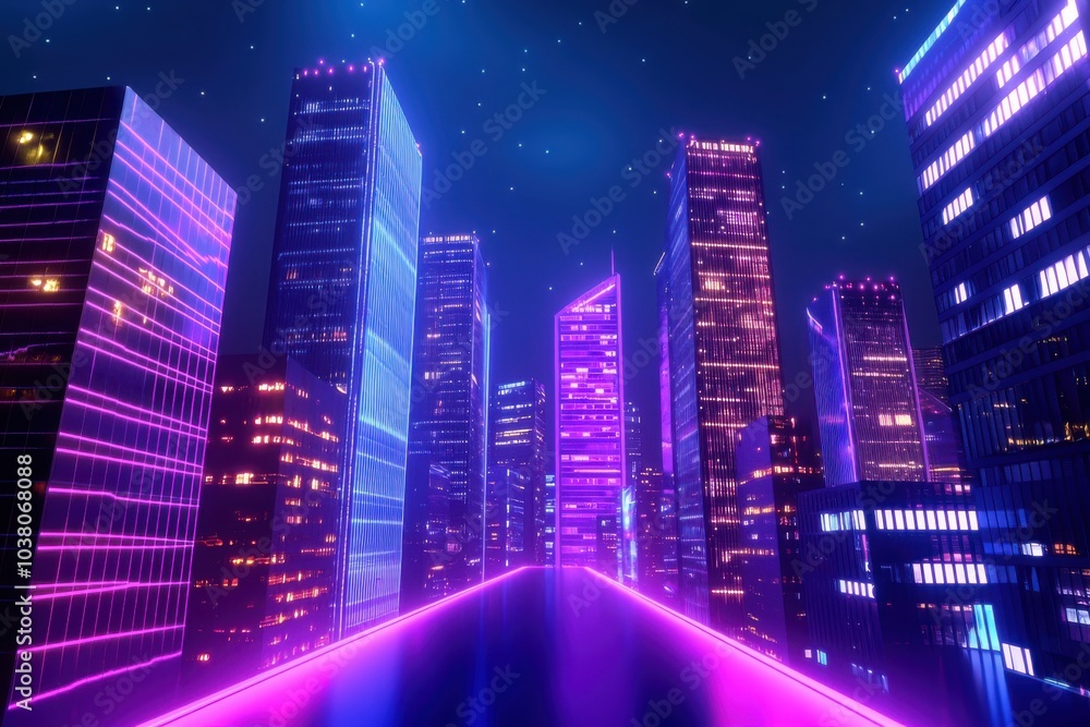 Obraz premium A vibrant, futuristic cityscape illuminated by neon lights, showcasing sleek skyscrapers and a glowing pathway.