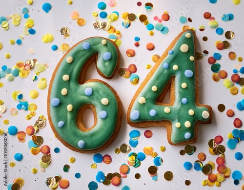 Decorated cookie, number 64, image for birthday or anniversary celebration photo