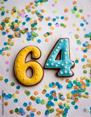 Decorated cookie, number 64, image for birthday or anniversary celebration photo