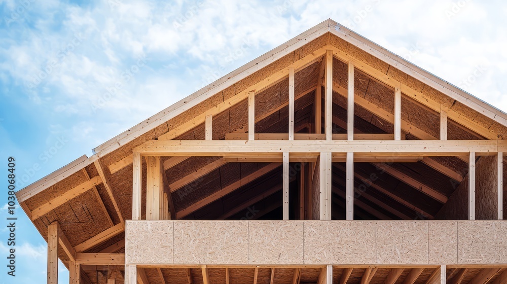 Building construction of wooden frame house made of SIP structural insulated panels. OSB oriented strand board, EPS expanded polystyrene. Energy-efficient eco-friendly green Canadian technology Building construction of wooden frame house made of SIP structural insulated panels. OSB oriented strand board, EPS expanded polystyrene. Energy-efficient eco-friendly green Canadian technology