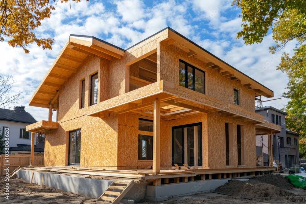 Modern Wood Home Under Construction: A contemporary two-story house under construction, showcasing the beauty of natural wood framing against a backdrop of autumnal foliage. Modern Wood Home Under Construction: A contemporary two-story house under construction, showcasing the beauty of natural wood framing against a backdrop of autumnal foliage.