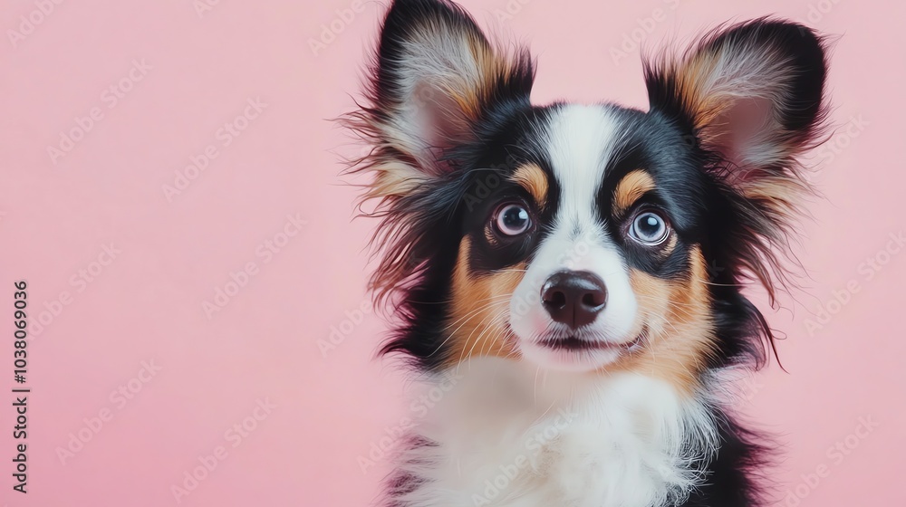 A small dog with black, white, and brown fur looks at the camera. A small dog with black, white, and brown fur looks at the camera.