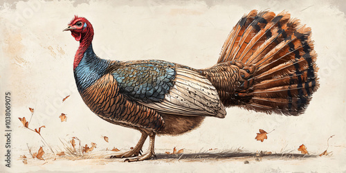 A detailed illustration of a wild turkey with its tail feathers spread out photo