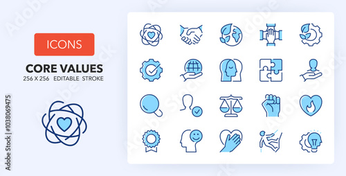 Line icons about core values. Contains such icons as social responsibility, community, integrity and more. 256x256 Pixel Perfect editable in two colors