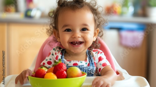 A happy baby girl is sitting in a high chair and eating fruit.